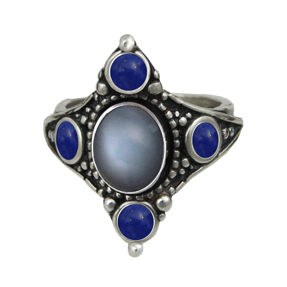 Sterling Silver Renaissance Queen's Ring With Grey Moonstone And Lapis Lazuli Size 11 Sterling Silver Renaissance Queen's Ring With Grey Moonstone And Lapis Lazuli Size 11